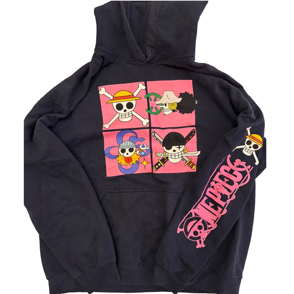 One Piece Anime Graphic Hoodie Jolly Roger Pirate Flags Navy Pink One Size